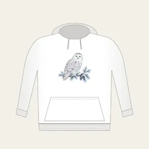 Snowy Owl on a Frosted Branch Hoodie in white: A snowy owl on a frosted branch in white, grey and ice blue.