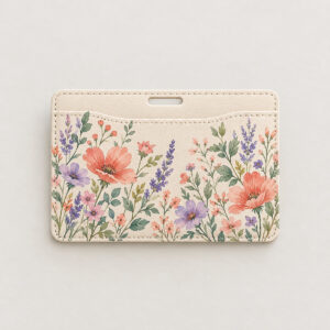 Wildflower Leather Badge Holder with wildflower spray in coral, lilac and green UV printed on the leather front of a horizontal holder