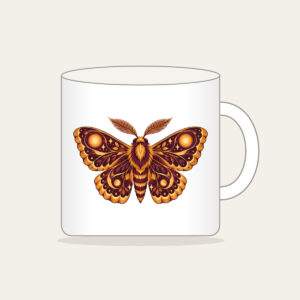 Glowing Amber Moth Mug in white: A large moth with intricately patterned wings, each marked with a glowing circle in amber and plum.