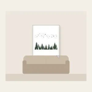 Pine Silhouettes under Scattered Stars Fleece Blanket in white: A band of pine silhouettes runs along the lower edge beneath a drift of tiny stars in slate, forest green and cream.