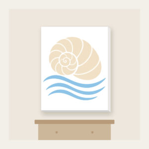 Cream Spiral Shell Over Blue Currents Canvas Print in white: A cream spiral shell above three pale-blue flowing current lines.