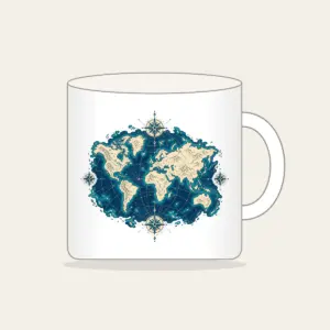 Vintage Map Coastlines and Compasses Mug in white: Vintage-style coastlines and tiny compasses in navy, cream and teal.