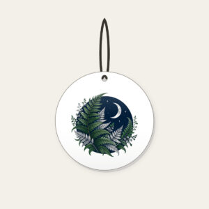 Moonlit Fern Fronds on Navy Ceramic Ornament in white: Silver and deep green fern fronds curl over navy beneath a small crescent moon.