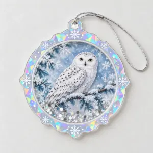 Snowy Owl Shaker Ornament with a snowy owl on a frosted branch in white, grey and ice blue