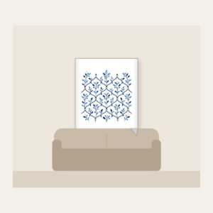Navy Trellis and Leaf Pattern Fleece Blanket in white: A repeating trellis of fine lines and small leaves in navy, sky blue and cream.
