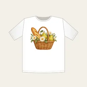 Baguette and Pear Basket T-Shirt in white: A woven basket holds a baguette, two pears and white daisies in warm tan, green and cream.