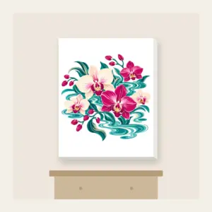 Orchids and Lagoon Ripples Canvas Print in white: Orchids and gentle lagoon ripples mix in teal, magenta and cream.