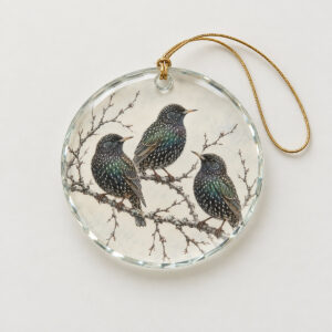 Starling Branch Glass Ornament with three starlings on a bare branch in charcoal and iridescent green on a pale ground