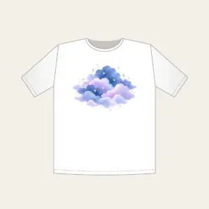 Dusk Clouds with Tiny Silver Stars T-Shirt in white: Gentle clouds in dusk blue and lilac are dotted with tiny silver stars.