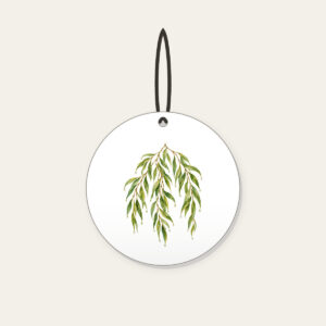 Weeping Willow Branches with Dewdrops Ceramic Ornament in white: Weeping willow branches in green and gold carry tiny dewdrops and small leaf pendants.