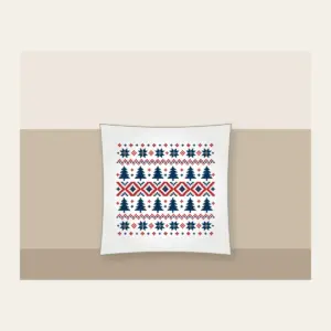Fair-Isle Pines and Stars Pillow in white: Fair-isle bands of pines, stars and diamonds in cream, brick red and navy.