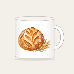Sourdough Loaf and Wheat Sprig Mug in white: A round scored sourdough loaf with a small wheat sprig in golden brown, cream and sage.