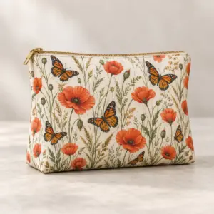 Monarch Meadow All-Over Cosmetic Bag with all-over repeat of orange-and-black butterflies among poppies and tall grasses on cream, scaled for a small zippered pouch
