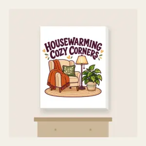 HOUSEWARMING COZY CORNERS Canvas Print in white