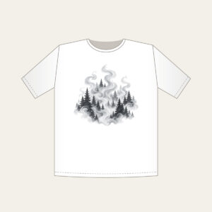 Campfire Smoke Curls Through Pines T-Shirt in white: Wisps of smoke curl upward between dark pine silhouettes in muted greys.