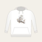 Snowy Owl in Snowfall Hoodie in white: A snowy owl on a branch in white, slate and amber with falling snowflakes.