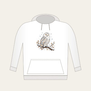 Snowy Owl in Snowfall Hoodie in white: A snowy owl on a branch in white, slate and amber with falling snowflakes.