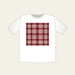 Burgundy Tartan with Leaf Sprigs T-Shirt in white: Burgundy and cream tartan with small leaf sprigs at the intersections.