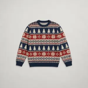 Alpine Fair-Isle Knitted Sweater with all-over fair-isle bands of pines, stars and diamonds in cream, brick red and navy
