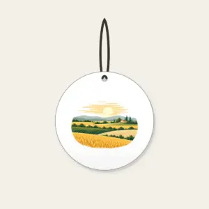 Farm Field Strips Under a Low Sun Ceramic Ornament in white: Horizontal strips of gold, green and sand lie under a low pale sun.