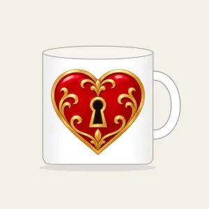 Heart and Keyhole in Red and Gold Mug in white: A small heart with a keyhole in red and gold on a clean ground.