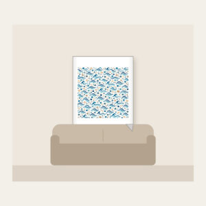 Tiny Waves and Pebbles Repeat Fleece Blanket in white: A small-scale repeat of waves and pebbles in navy, teal and sand.