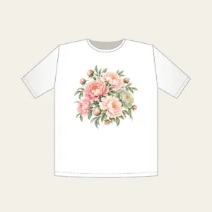 Blush Peony Gradient T-Shirt in white: All-over peonies drift across a gradient from blush to sage, joined by fine leaf lines.