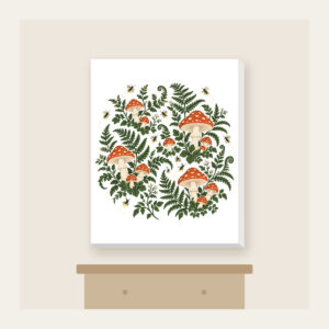 Toadstools, Ferns and Fireflies Canvas Print in white: Toadstools, ferns and glowing fireflies scattered in rust and cream across a deep green forest ground.