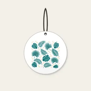 Palm Leaves and Little Bones Ceramic Ornament in white: Palm leaves and small bones in teal and cream, scattered all over.