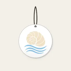 Cream Spiral Shell Over Blue Currents Ceramic Ornament in white: A cream spiral shell above three pale-blue flowing current lines.