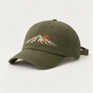 Mountain Sun Embroidered Cap with embroidered mountain peak with a small sun in cream and rust thread on the front panel