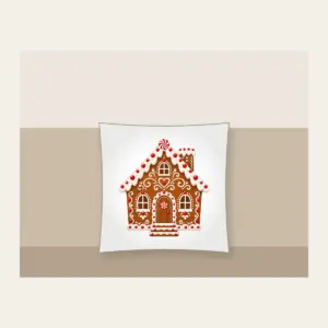 Gingerbread Cottage with Icing Swirls Pillow in white: A gingerbread-style cottage with white icing swirls and candy dots in brown, white and red.