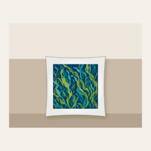Swaying Kelp Ribbons on Deep Blue Pillow in white: Long kelp ribbons in green and teal sway across a deep blue background.