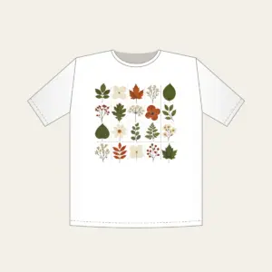Pressed Leaf Specimen Grid T-Shirt in white: A grid of pressed leaves and blossoms in green, rust and cream with tiny index lines.