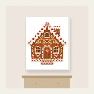 Gingerbread Cottage with Icing Swirls Canvas Print in white: A gingerbread-style cottage with white icing swirls and candy dots in brown, white and red.