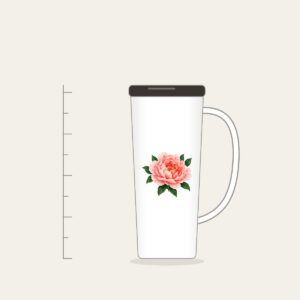 Full-Blown Peony with Green Leaves Tumbler with Handle in white: A full-blown peony in blush and coral with deep green leaves.