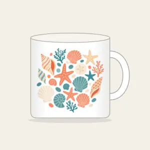 Scattered Shells and Starfish on Sand Mug in white: Coral, cream and teal shells and starfish are tossed across a pale sand background.