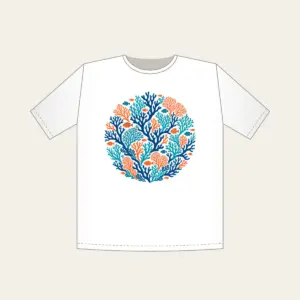 Branching Coral and Tiny Fish on Deep Blue T-Shirt in white: Branching coral and small fish in teal and orange swim across a deep blue background.