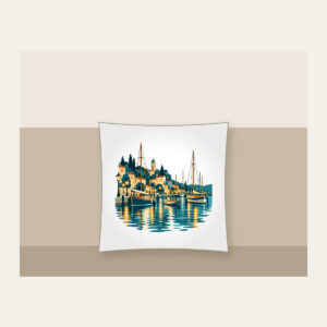 Harbour Lanterns and Masts Pillow in white: Harbour lanterns, masts and ripples in teal, amber and cream.