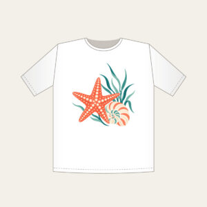 Starfish, Spiral Shell and Sea Grass T-Shirt in white: A starfish, a spiral shell and a sprig of sea grass in coral, cream and teal.