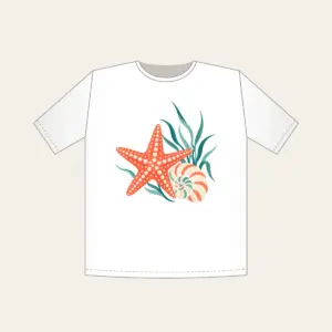 Starfish, Spiral Shell and Sea Grass T-Shirt in white: A starfish, a spiral shell and a sprig of sea grass in coral, cream and teal.