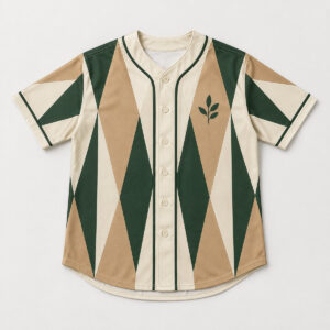 Orchard Pennant Baseball Jersey with all-over print of pennant-shaped panels in cream, forest green and tan with a small flat printed leaf crest on the chest