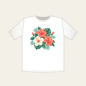 Hibiscus Sorbet Tropical Blooms T-Shirt in white: Hibiscus flowers and leaves in coral, mint and cream.