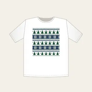 Fair-Isle Bands of Pines and Stars T-Shirt in white: Fair-isle bands of pines and stars in cream, forest green and navy repeat all over.