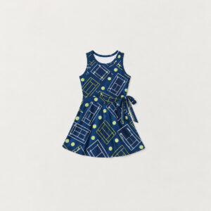 Youth Tie-Front Tennis Dress with Court Lines with all-over court lines and tiny tennis balls in lime, white and navy