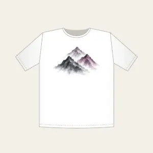 Three Overlapping Mountain Peaks T-Shirt in white: Three overlapping mountain peaks in charcoal grey and muted plum, painted in a restrained brush style.