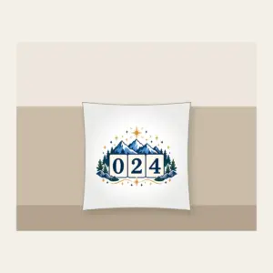 Mountain and Star Border with 024 Pillow in white: A border of mountains and stars surrounds a three-digit counter reading 024.