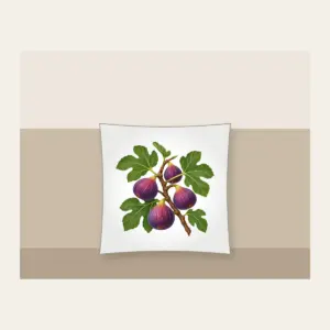 Fig Branch with Plump Purple Figs Pillow in white: A fig branch carrying plump purple figs and broad green leaves on a cream ground.