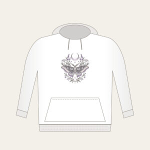 Moth and Crescent Moon with Herb Sprigs Hoodie in white: A moth beneath a crescent moon with delicate herb sprigs in silver grey and pale lilac.
