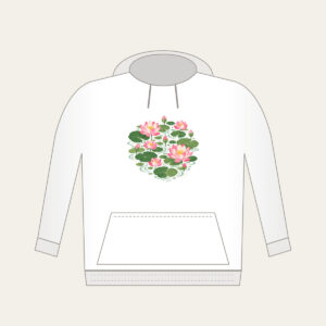 Lotus Blooms over Pond Ripples Hoodie in white: Lotus blooms float above pond ripples in pink, green and cream.